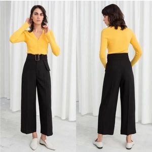 & Other Stories | Wide Leg High Rise Belted Black Cropped Trousers Pants size 6